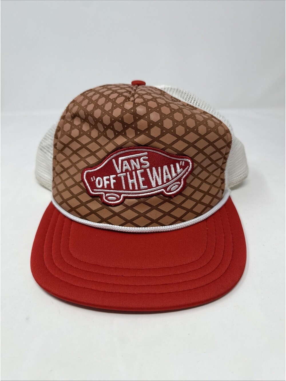 VANS "OFF THE WALL" TRUCKER CAP HAT SNAPBACK BROWN RED WHITE MESH CLASSIC PATCH